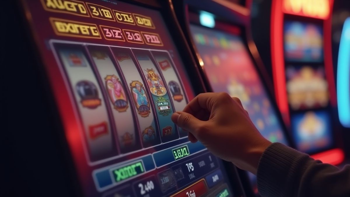 A hand adjusting bets on a virtual slot machine.