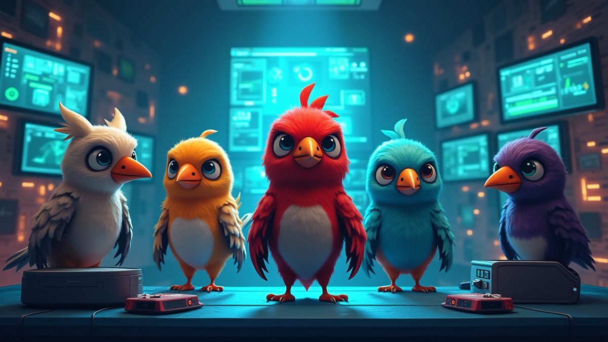 Equipe de super-heróis aves em seu centro de operações futurista.