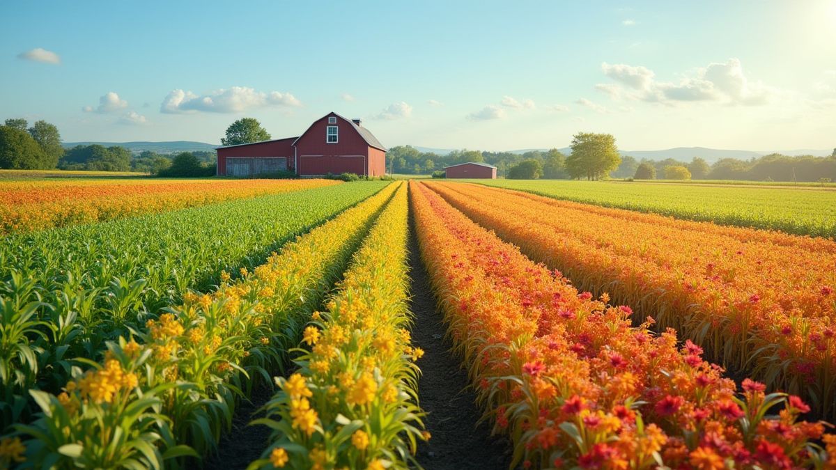 Paysage de ferme coloré avec cultures et grange.