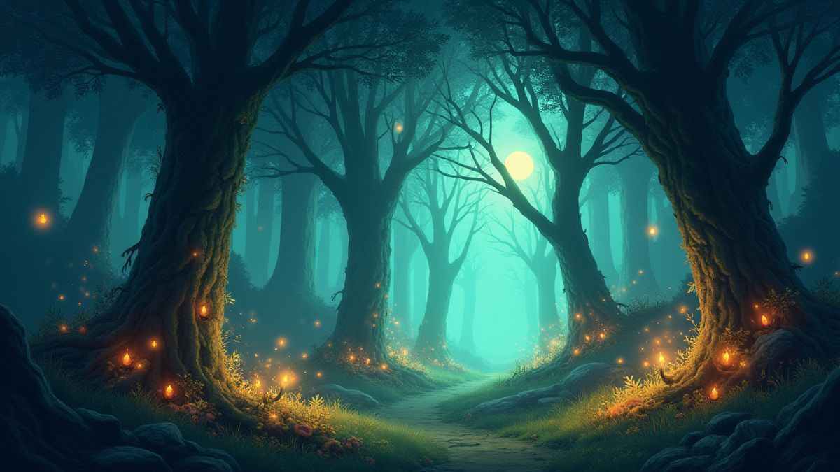 Bosque mágico con criaturas encantadas como hadas y elfos.