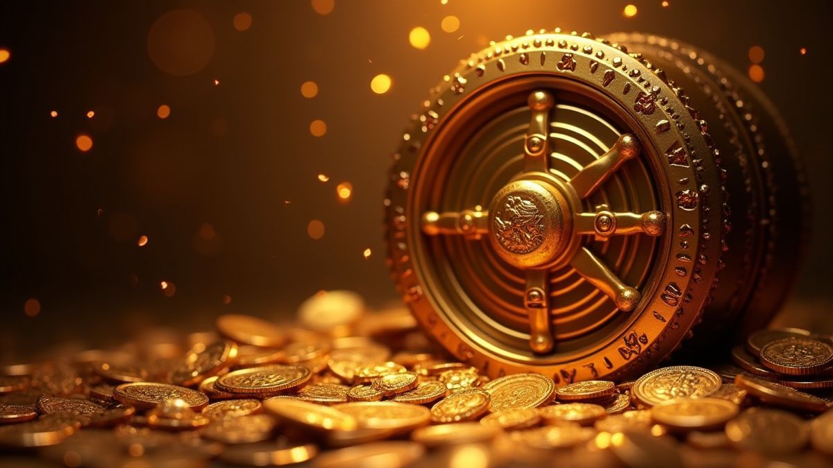 Un coffre-fort doré entouré de bijoux brillants et de pièces de monnaie.