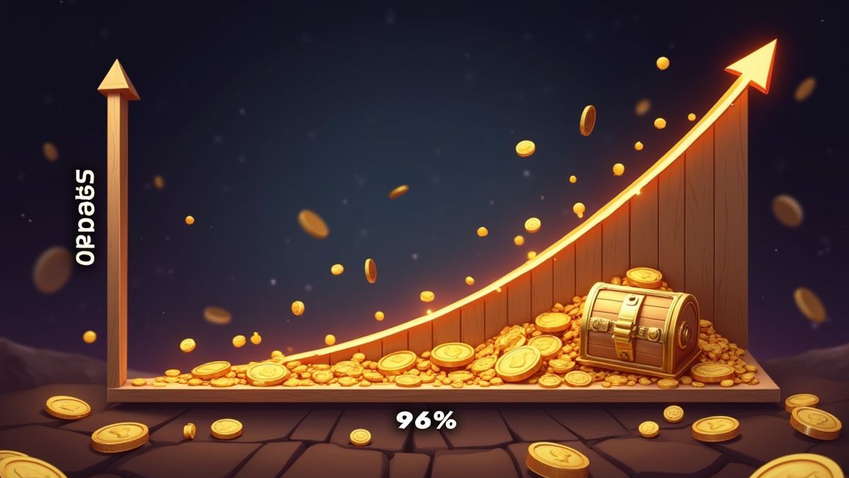 Graphique visuel montrant un RTP moyen de 96 % avec des pièces et des symboles de coffre-fort.