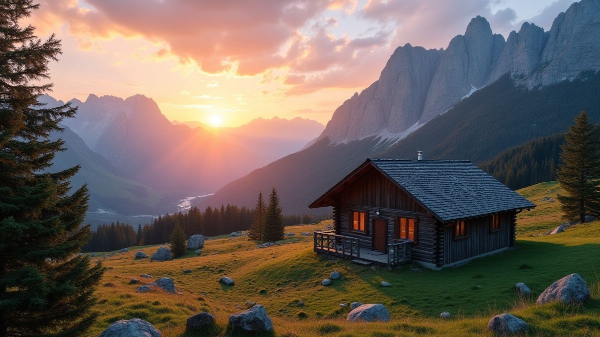 Zwitserse hut omringd door de Alpen tijdens de zonsondergang.