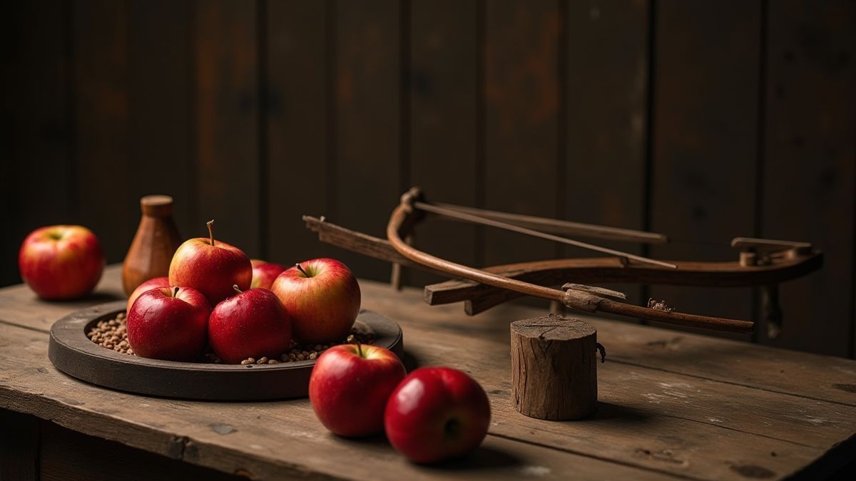Tafel met appels en een kruisboog in een rustieke omgeving.