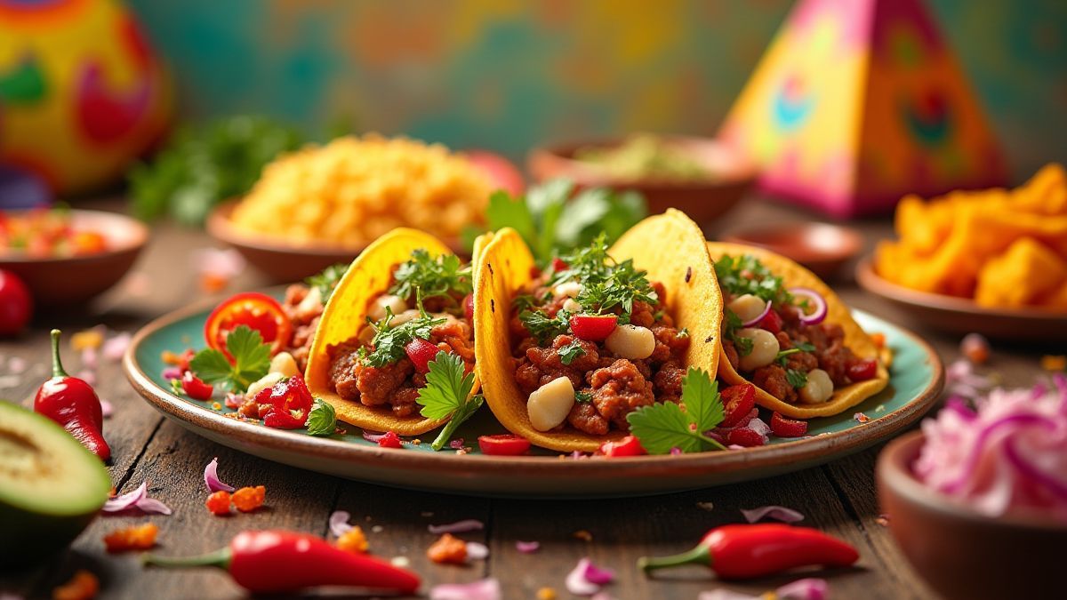 Mexican fiesta scene with tacos and piñatas.