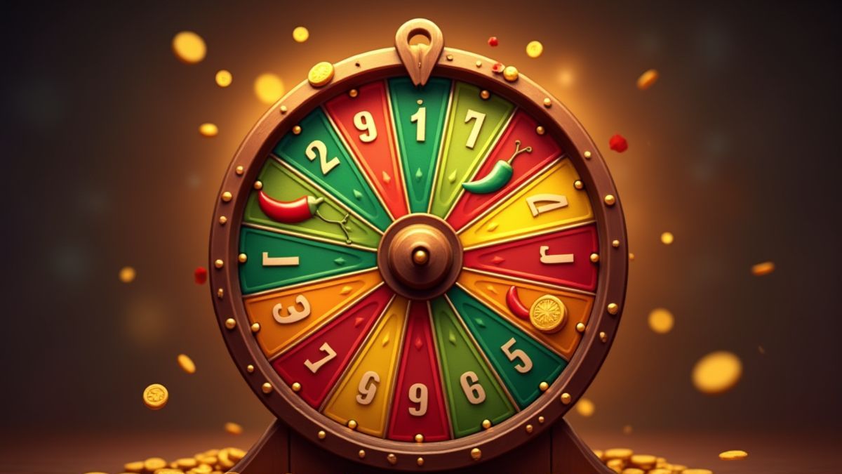 Spinning wheel with Mexican icons like chilies and coins.