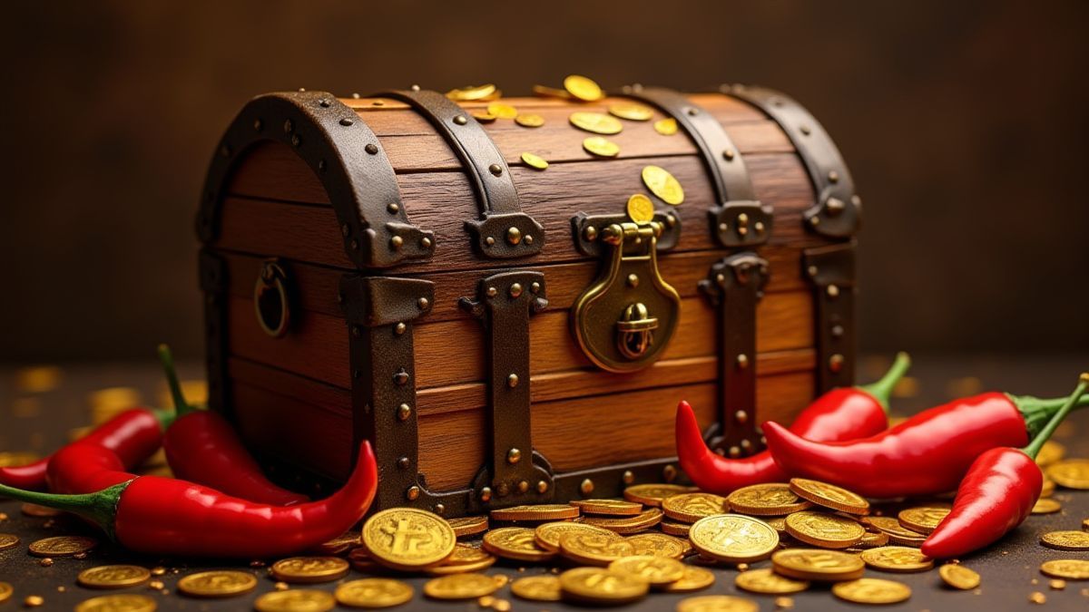 Treasure chest surrounded by chilies and gold coins.