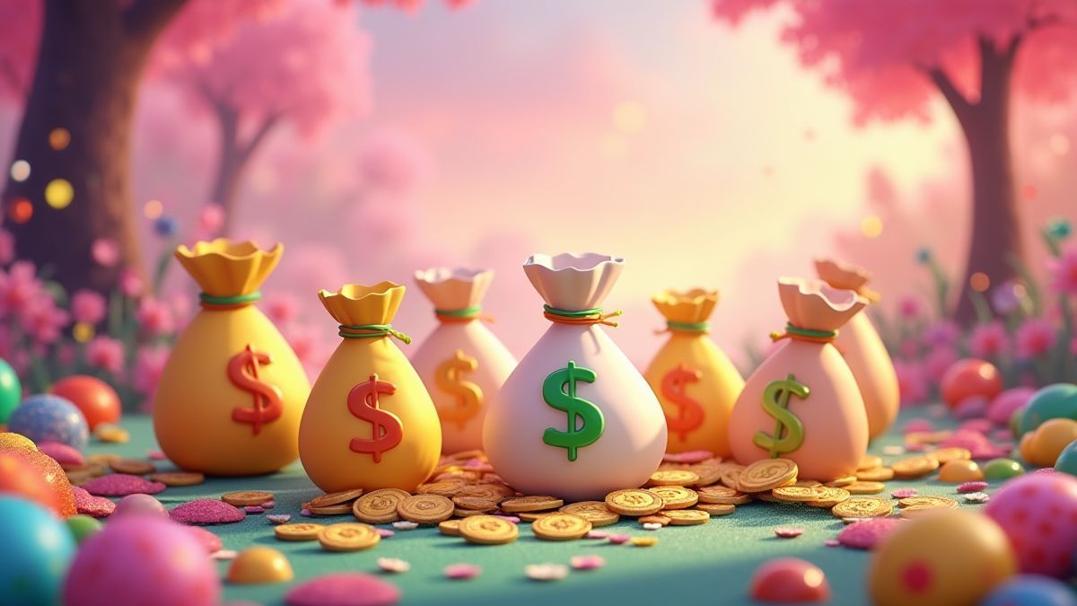 Geldsäcke in einer lustigen und bunten Landschaft.