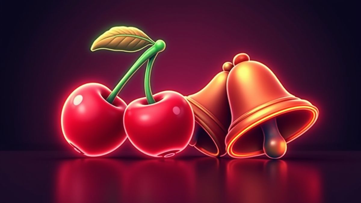 Símbolos retro como cerezas y campanas brillando en neón.