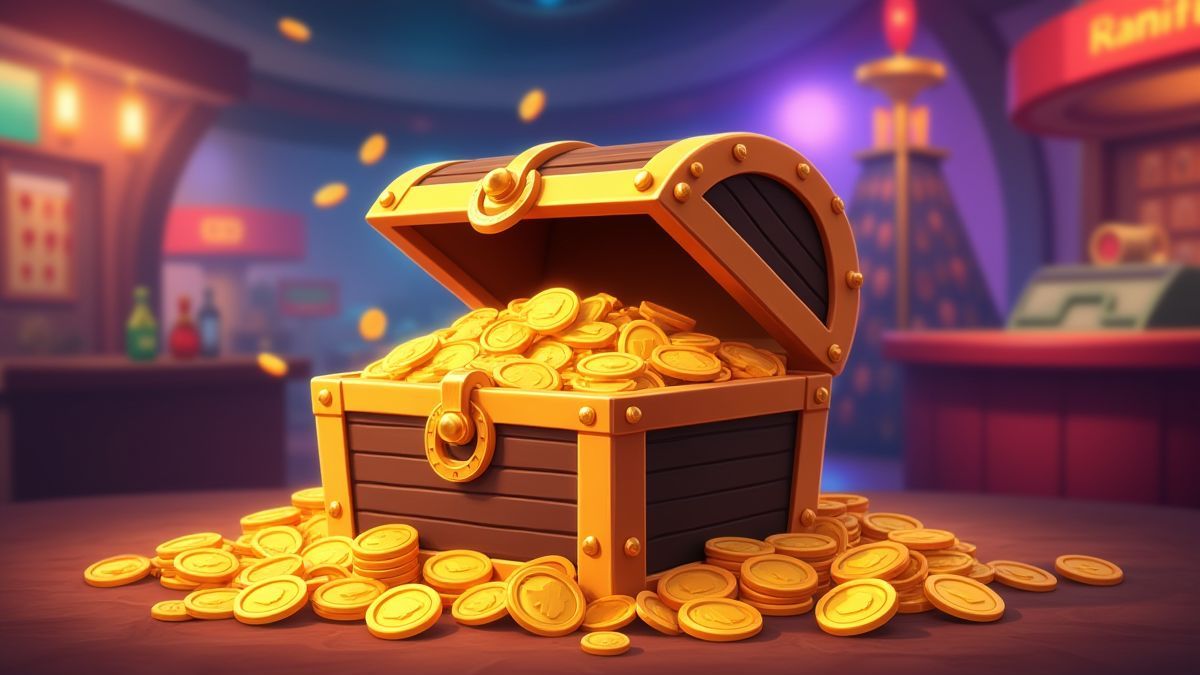 Cofre del tesoro lleno de monedas doradas en un casino.