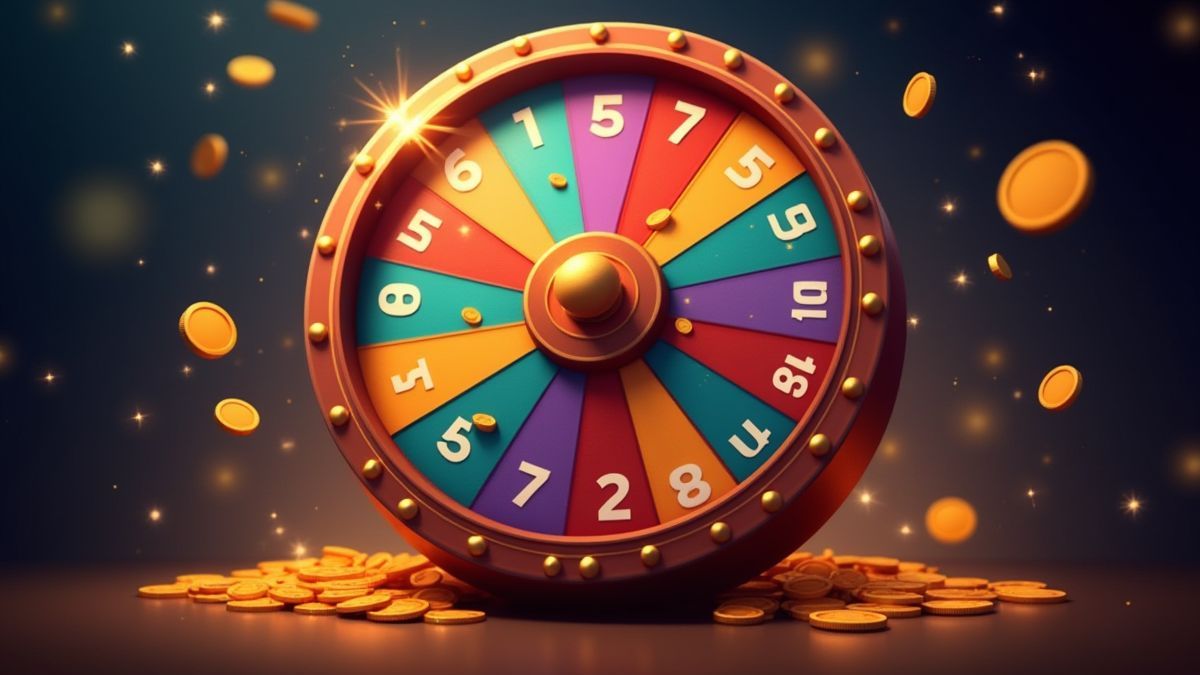 Rueda de la fortuna girando con chispas y monedas.
