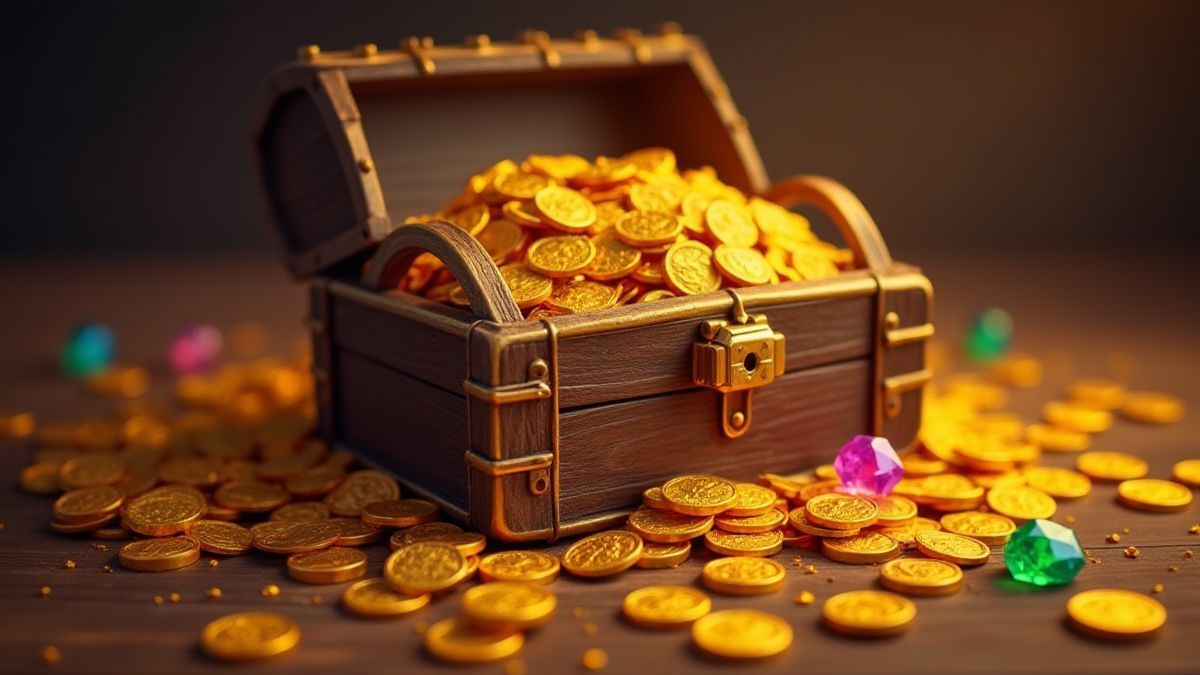 Cofre del tesoro rodeado de monedas doradas y gemas brillantes.