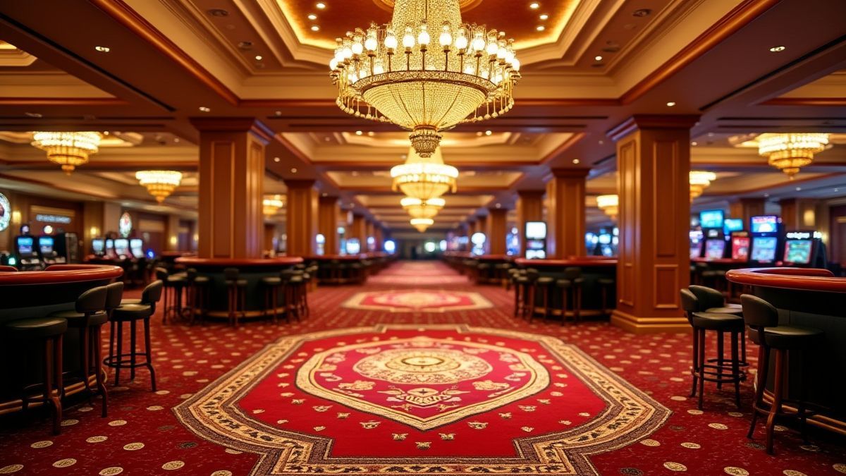 Eine Bild eines luxuriösen Casino-Bodens mit goldenen Akzenten und hellen Kronleuchtern.