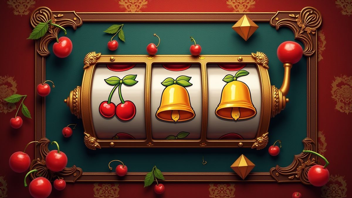 Klassische Spielautomaten-Symbole wie Kirschen, Glocken und Diamanten auf einem Retro-Hintergrund.
