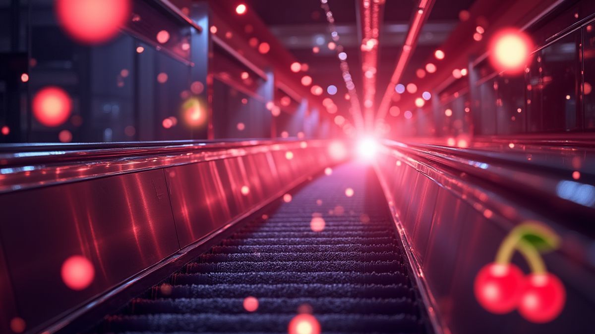 Eine leuchtende Treppe umgeben von Spielautomaten-Symbolen wie Kirschen und Diamanten.