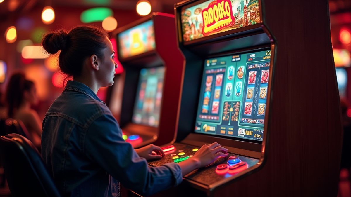 Ein Spieler genießt ein Retro-Spielautomaten-Spiel an einer vintage Arcade-Maschine.