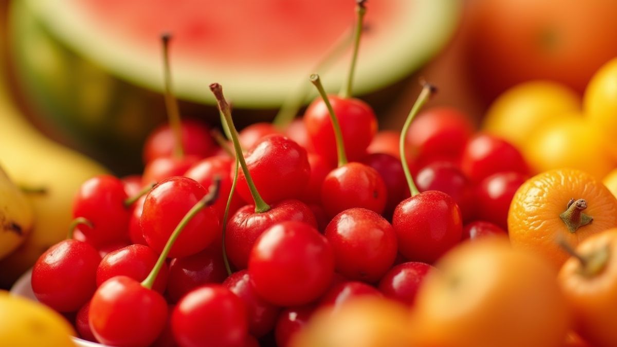 Frutas frescas e vibrantes em um ambiente festivo.