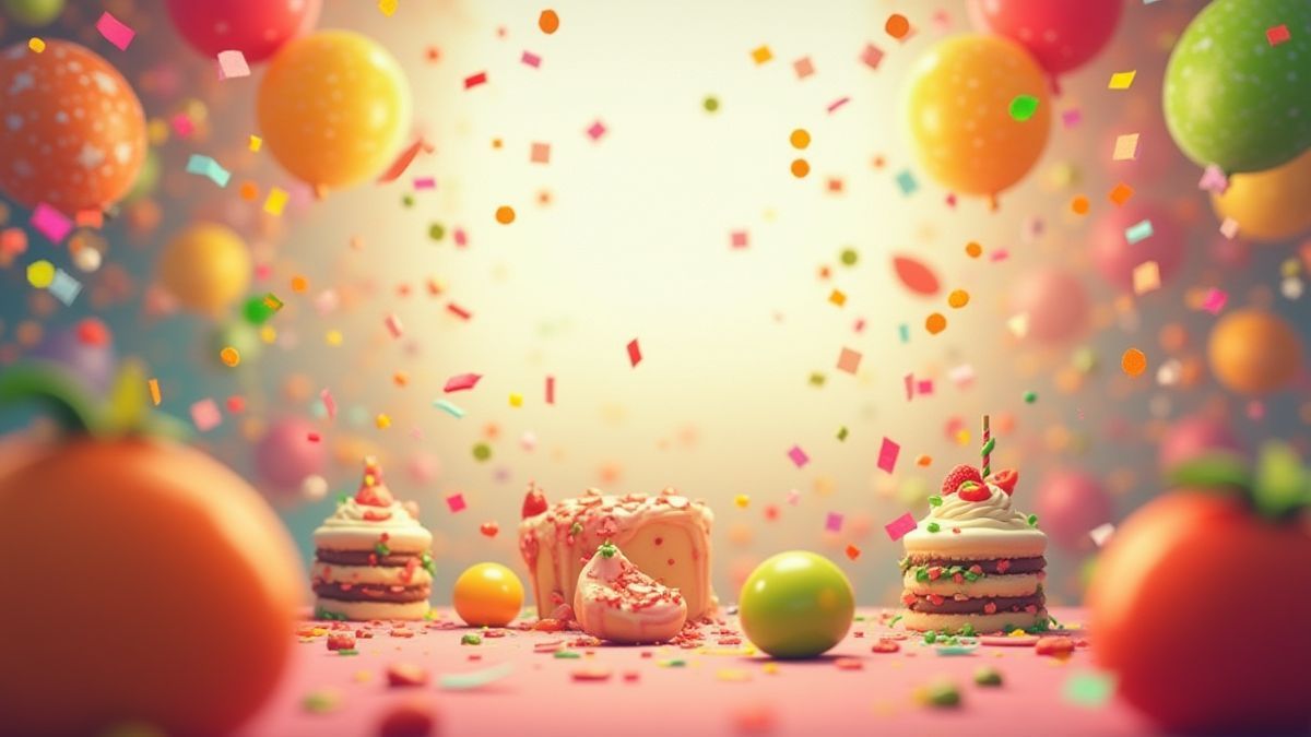 Cena festiva animada com frutas e confete.