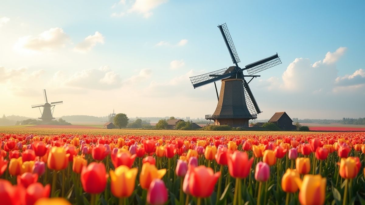 Un paysage campestre avec un moulin à vent et un champ de tulipes.
