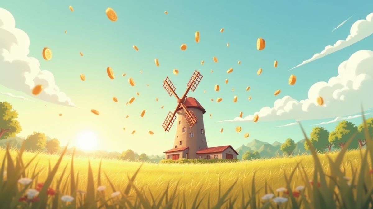 Monnaies animées tombant d'un moulin à vent dans un environnement campestre.