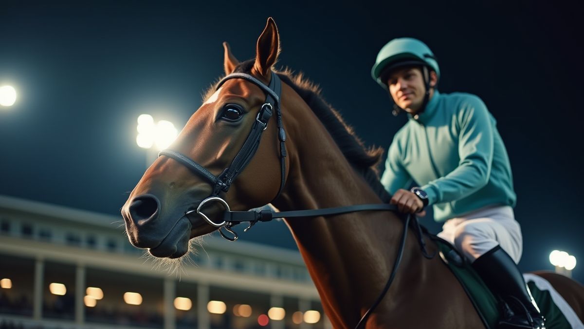 Pferd mit Jockey bereit zum Wettkampf.