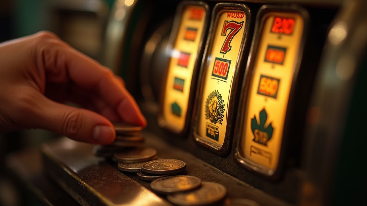 Münzen werden in einen Spielautomaten eingelegt.