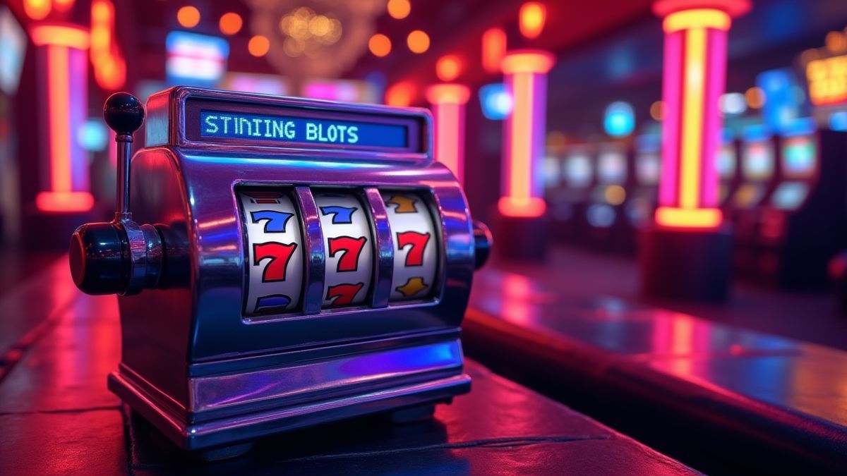 Classic slot machine with neon lights.