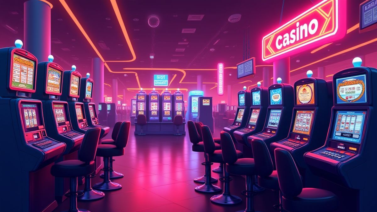 Casino interior with neon lights and classic machines.