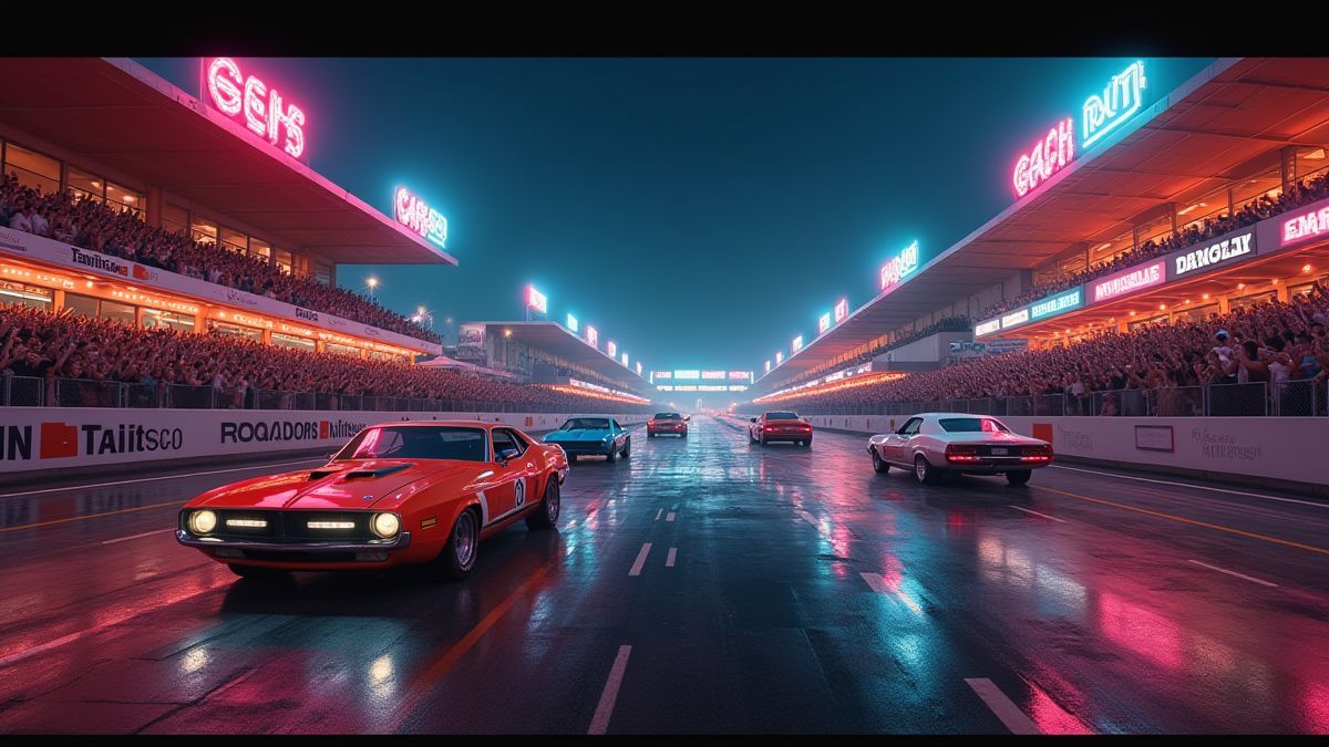 Pista de carreras retro con luces de neón y coches clásicos