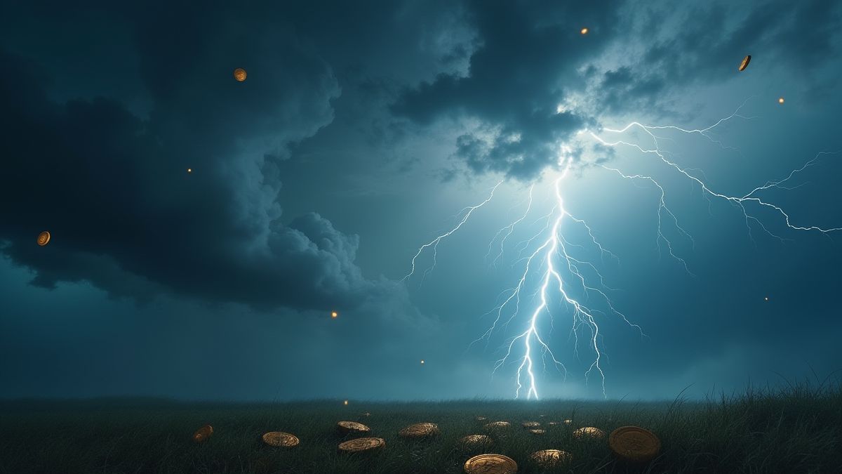 Storm with lightning and flying coins.