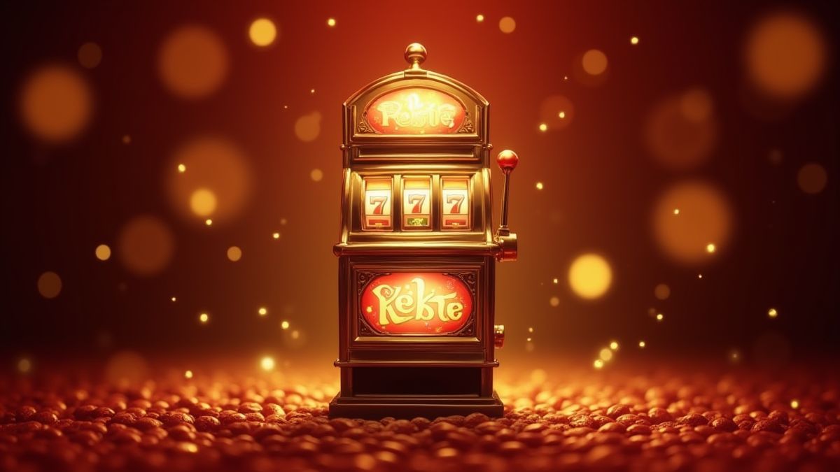 Hintergrund eines Casinos mit goldenen Lichtern und einem retro Spielautomaten in der Mitte.