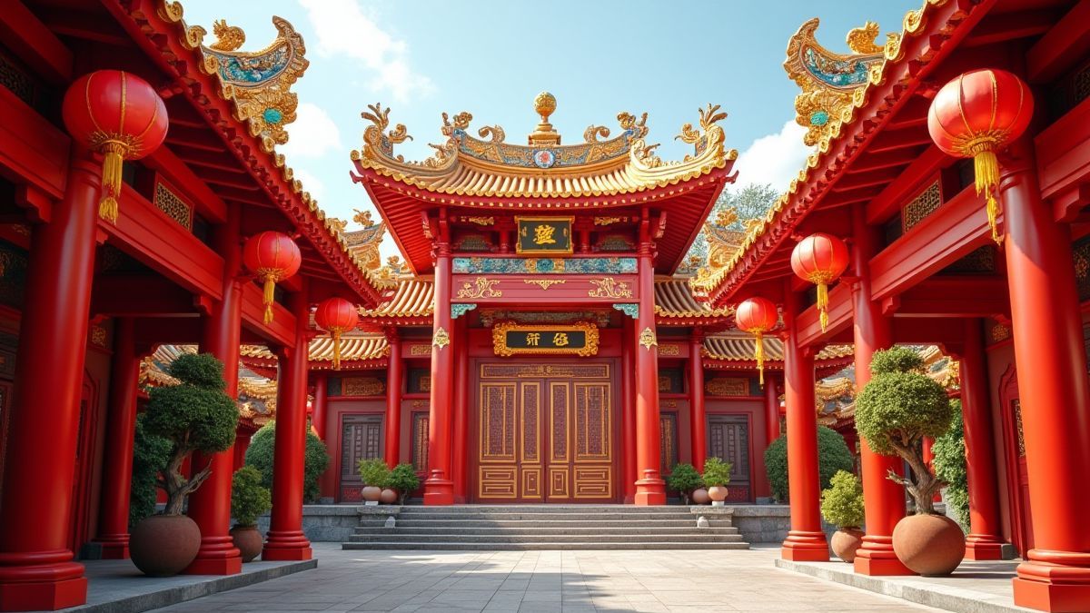 Chinesischer Tempel dekoriert mit lebhaften Farben und festlichen Laternen.