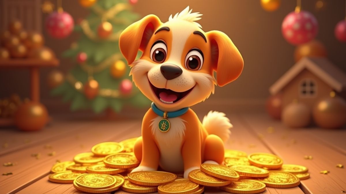 Animierter Hund sitzt auf einem Haufen goldener Münzen mit festlichem Hintergrund.