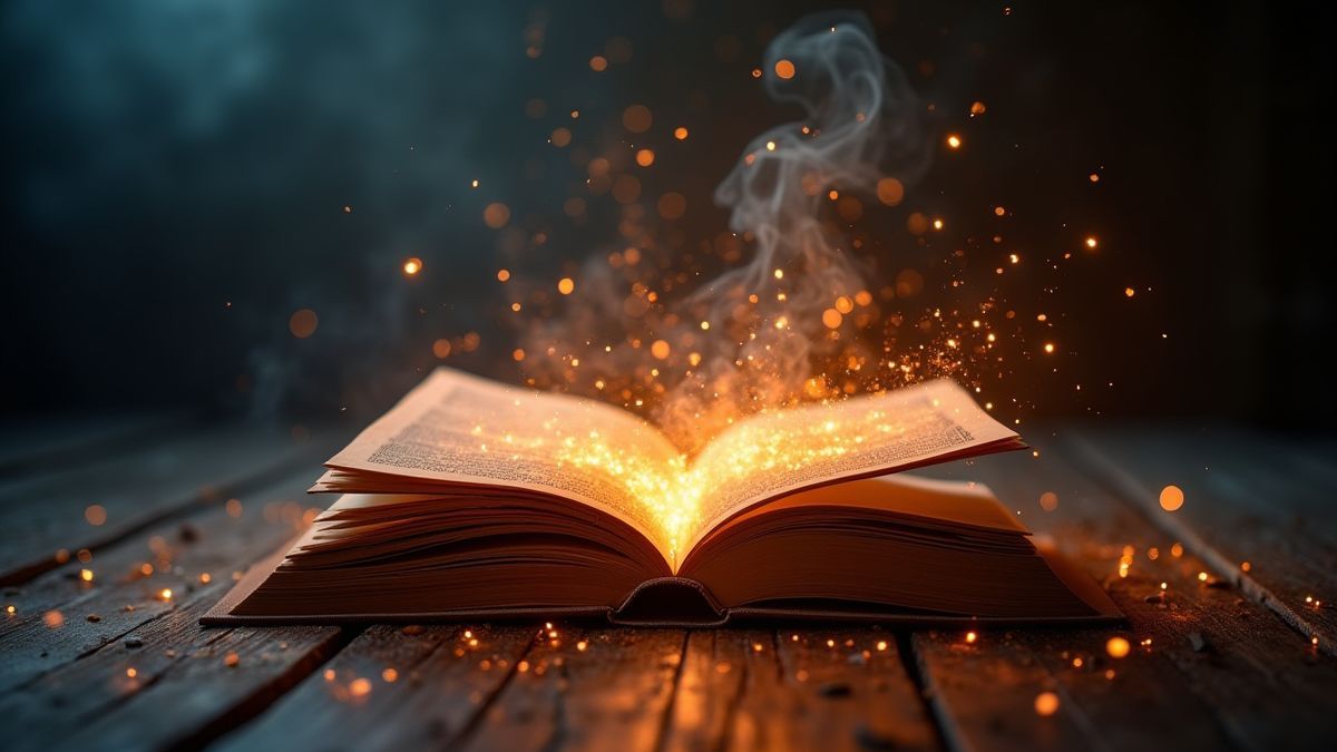 A glowing spellbook surrounded by magical particles.