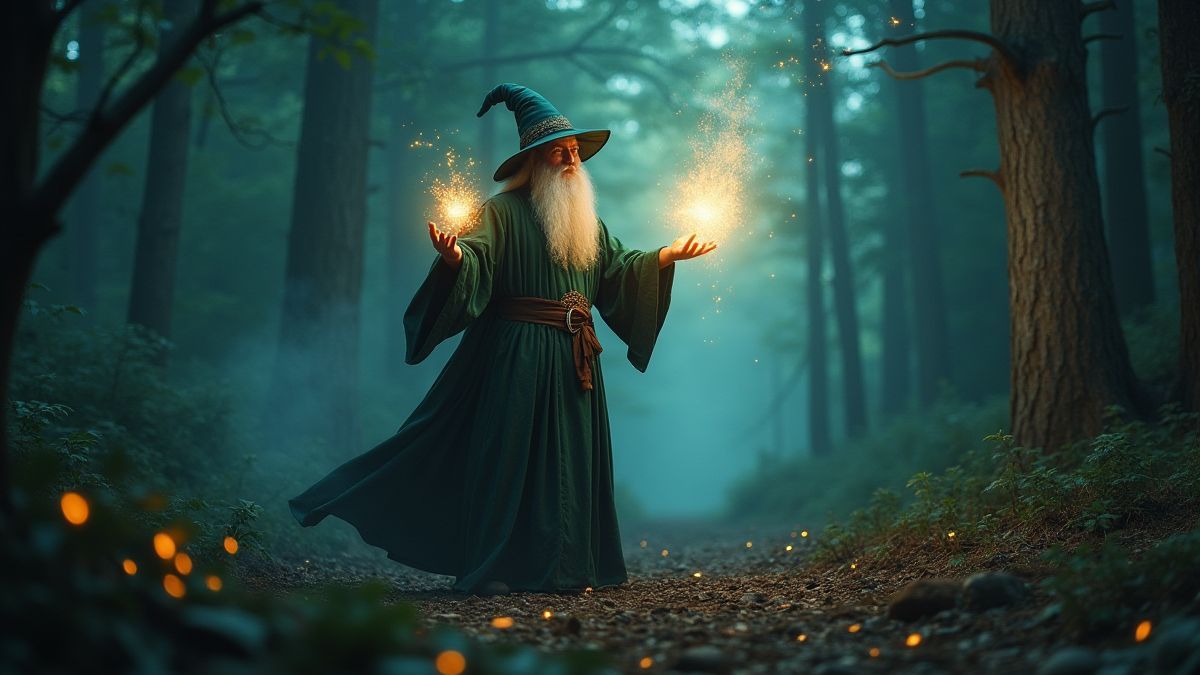 A wizard casting glowing spells in an enchanting forest.