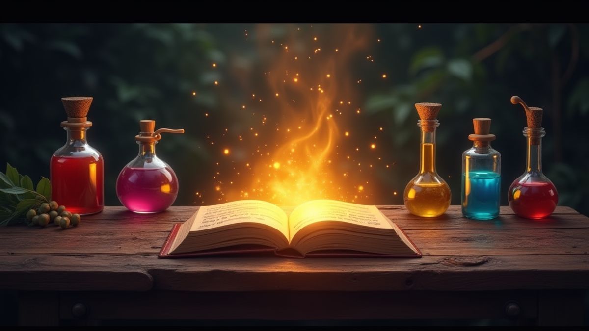 Un livre de sorts brillant entouré de potions magiques.