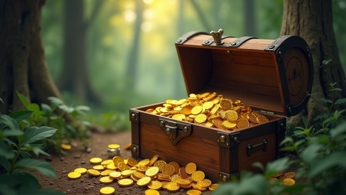 Un coffre au trésor débordant de pièces d'or dans une forêt magique.