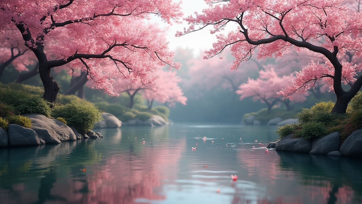 Een Japanse vijver met sakura bloemen die in het water vallen.