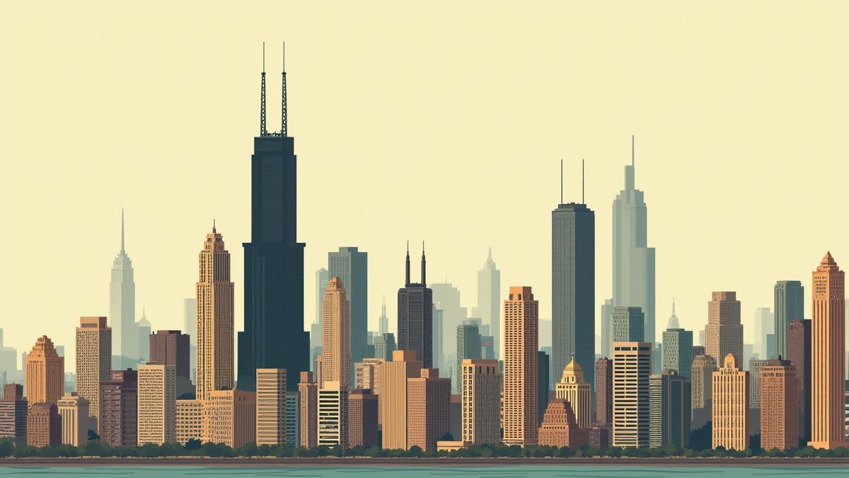View of the Chicago skyline in the 1930s with iconic skyscrapers.