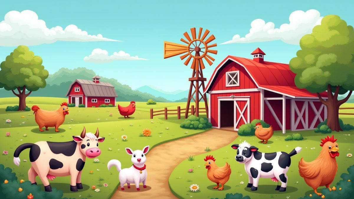 Scène de ferme avec des animaux et un moulin à vent.