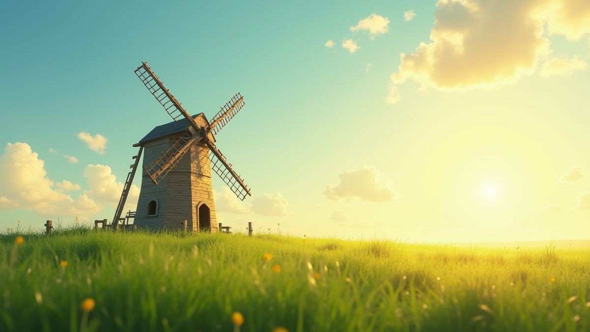 Moulin à vent style animation Pixar dans un champ ensoleillé.