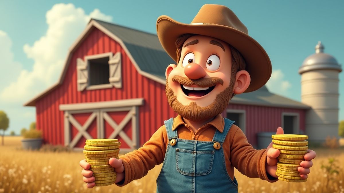 Agriculteur souriant avec des pièces dans une grange.