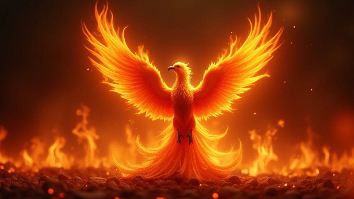 A phoenix emerging from flames, surrounded by glowing embers.