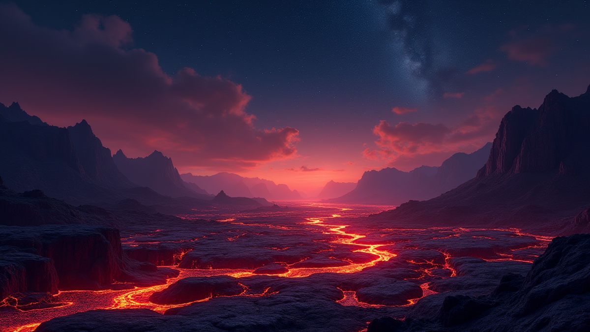 A glowing lava landscape under a starry and mystical sky.