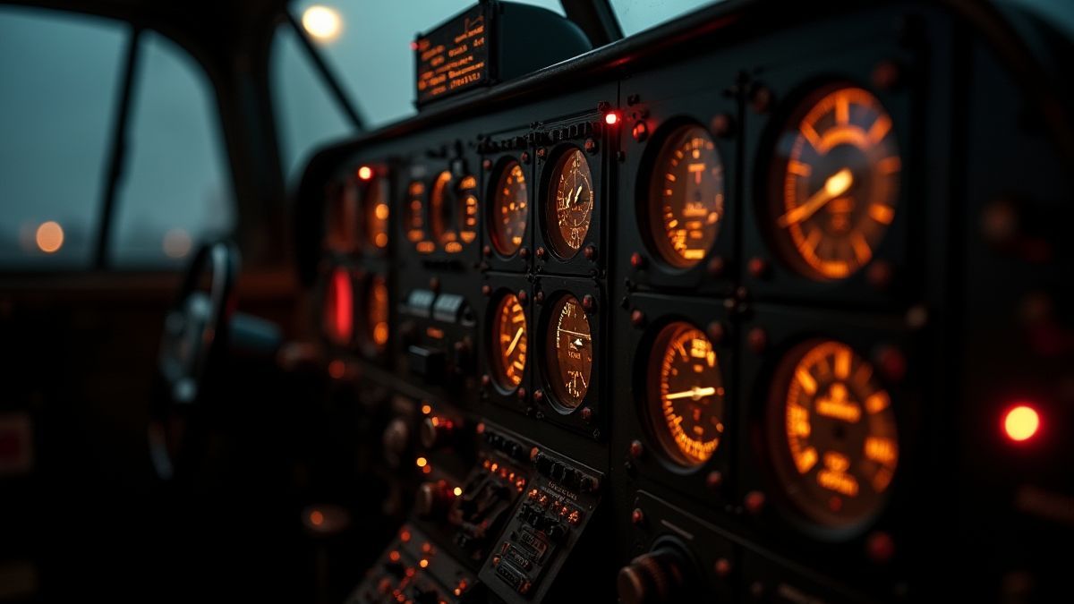 Cabina de avión vintage con controles iluminados.