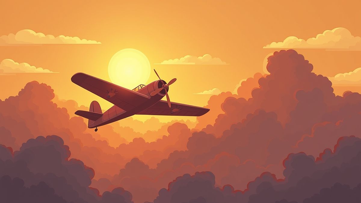 Avión vintage volando entre las nubes al amanecer.