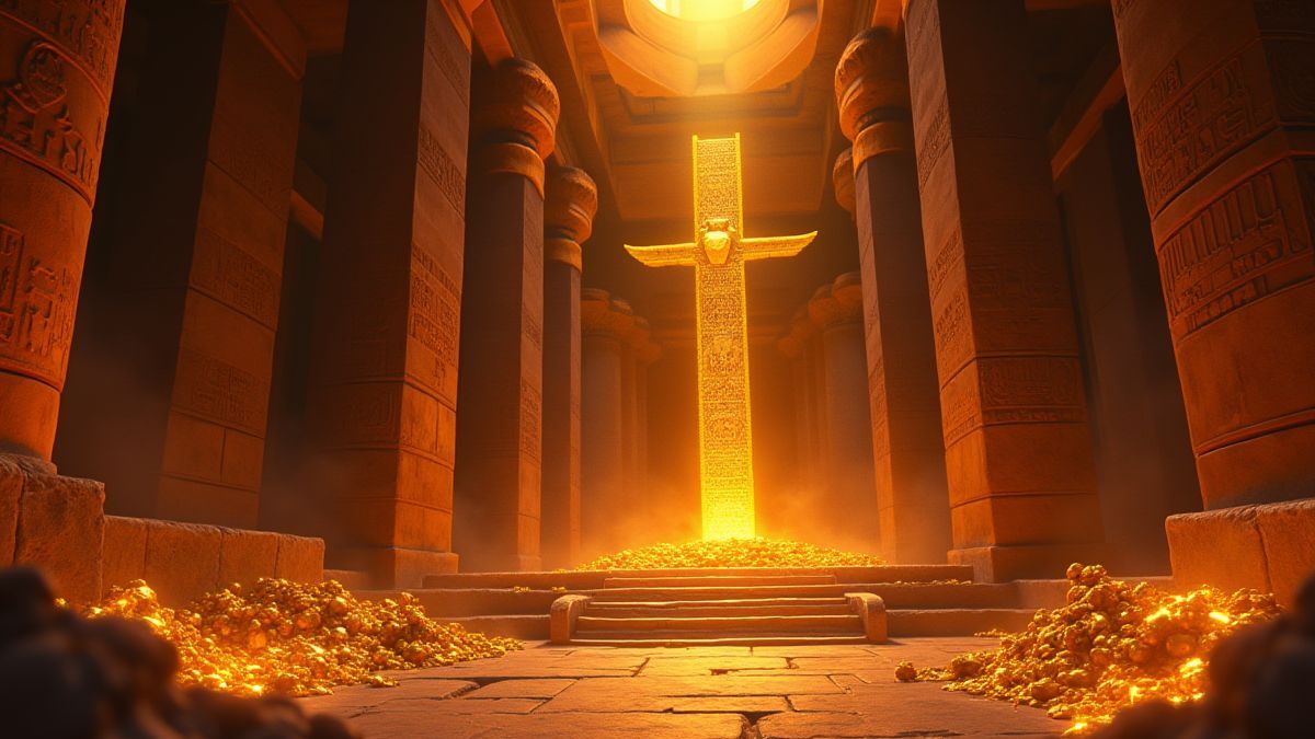 Templo de Ra con jeroglíficos brillantes y tesoros dorados.