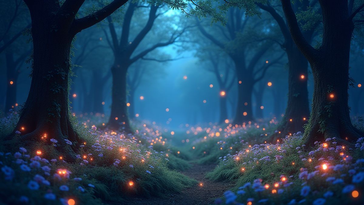 Een magisch bos met vuurvliegjes en kleurrijke bloemen.