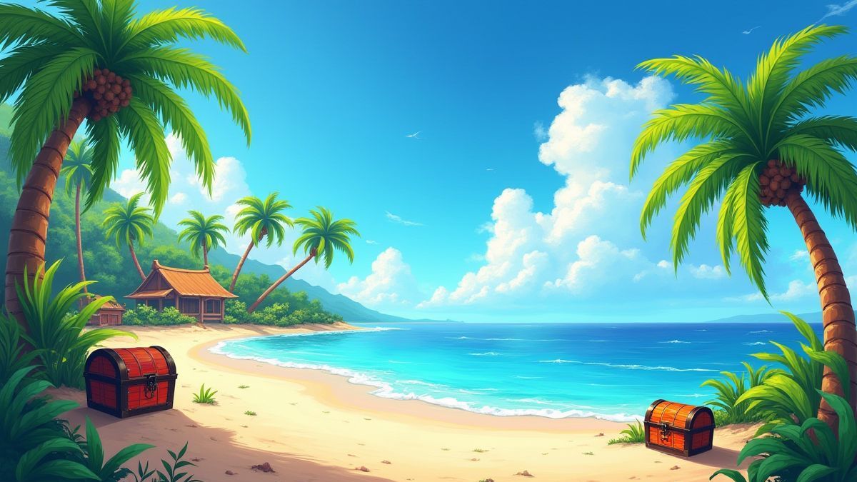 Una isla tropical llena de colores, palmeras y cofres del tesoro.