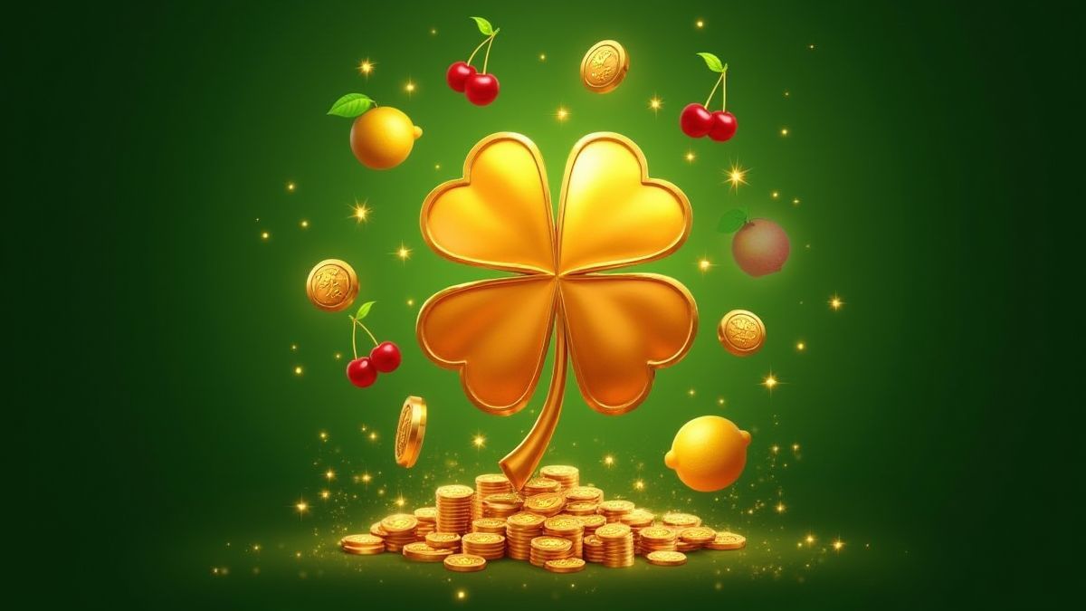 Trébol dorado rodeado de monedas brillantes y frutas